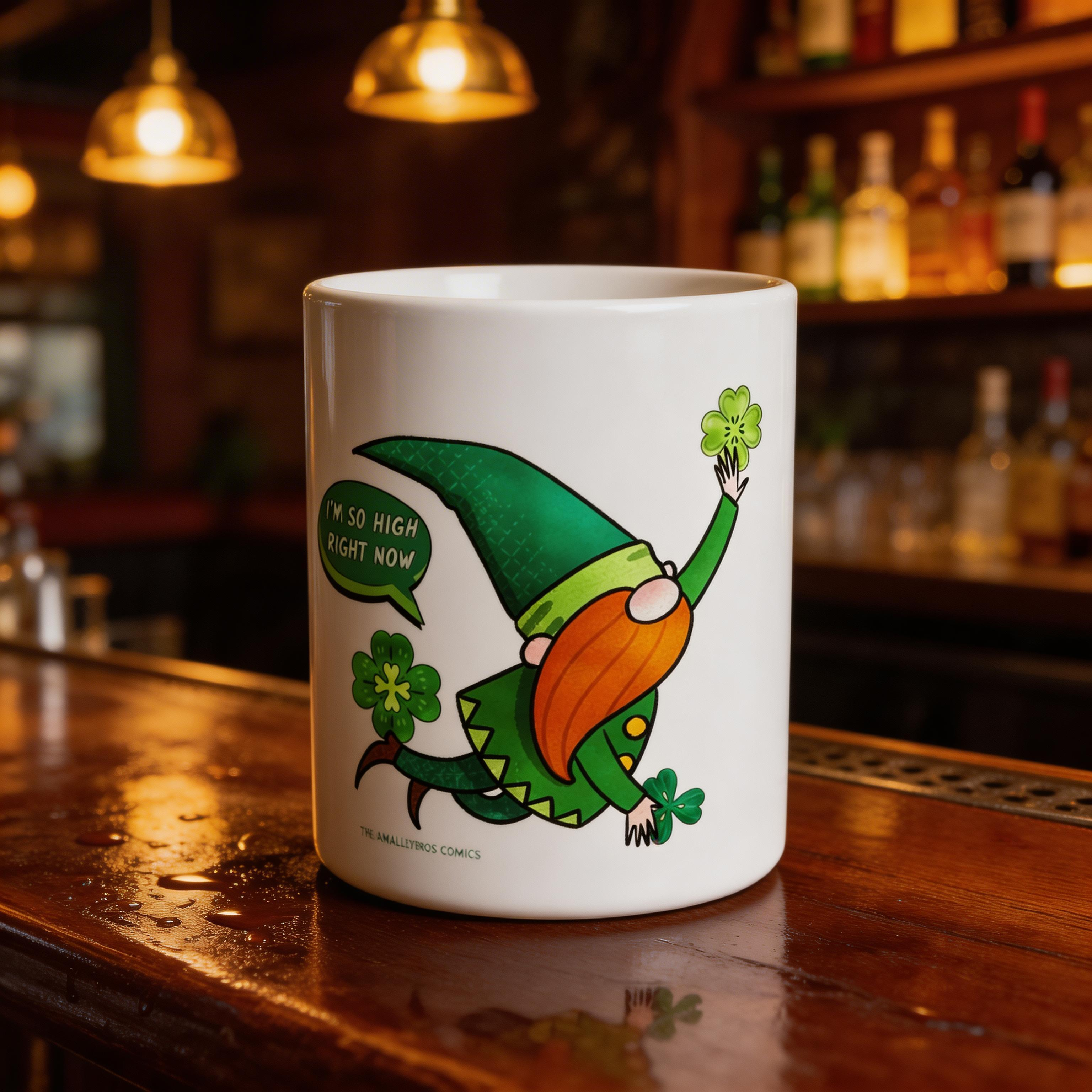 St. Patrick’s Gnome Ceramic Mug – “I’m So High Right Now”