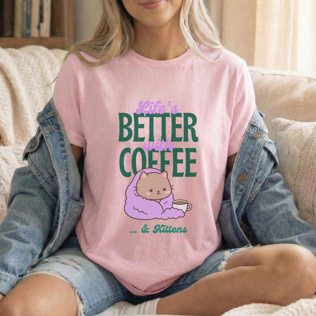 Life’s Better With Coffee & Kittens T Shirt (Pink)