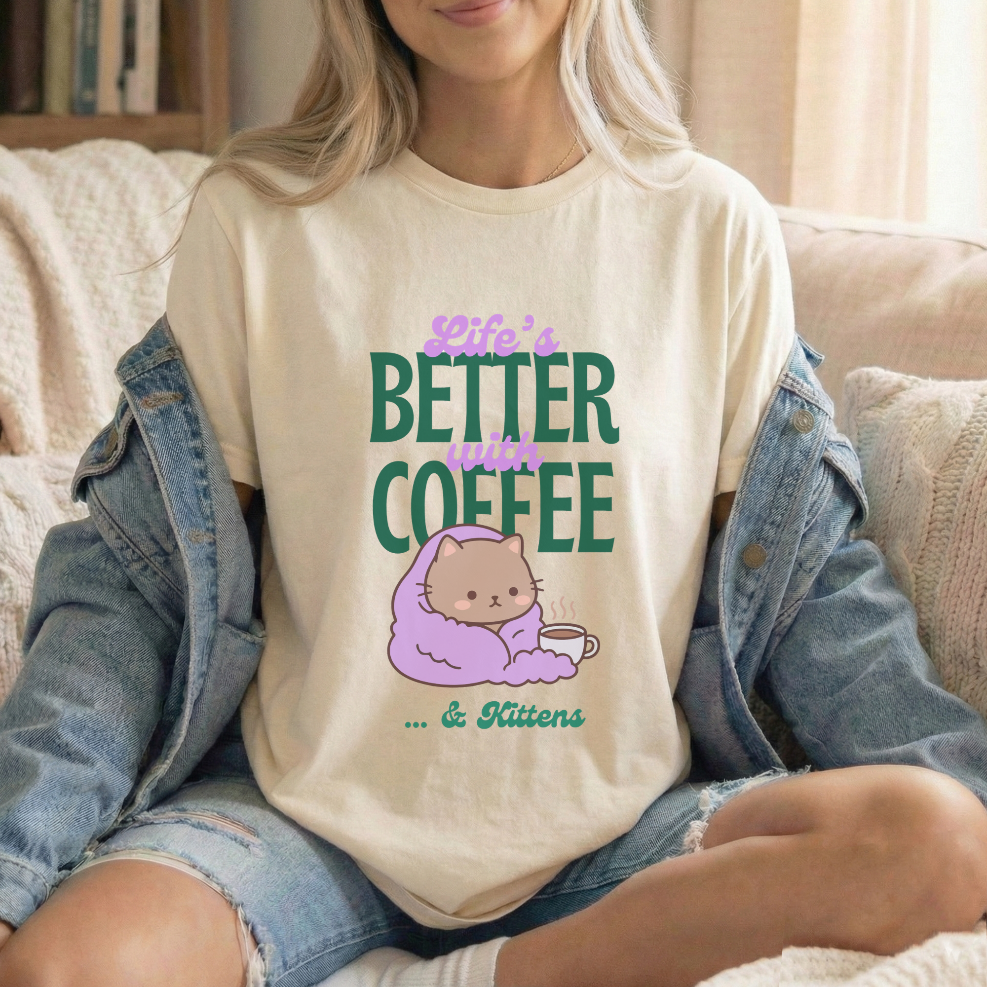 Life’s Better With Coffee & Kittens T Shirt (Natural)