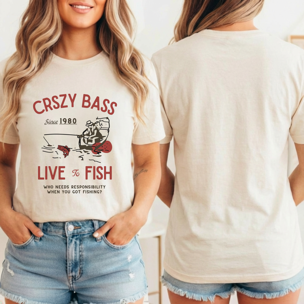 Crszy Bass – “Live to Fish” Vintage Angler Tee